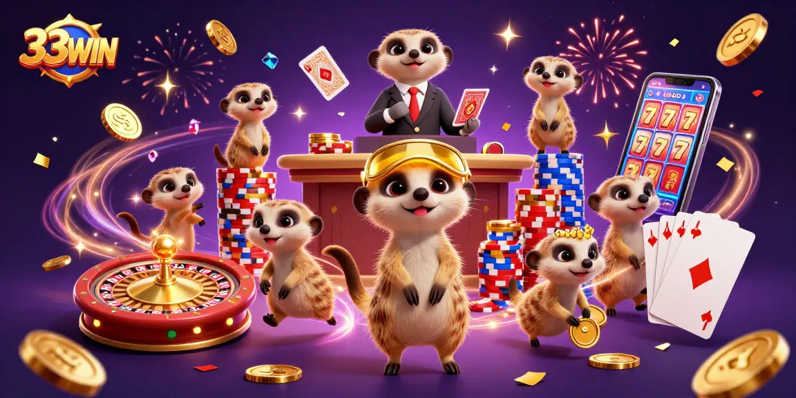 Experience 33WIN's thrilling casino action with a colony of meerkats enjoying games and flying chips.
