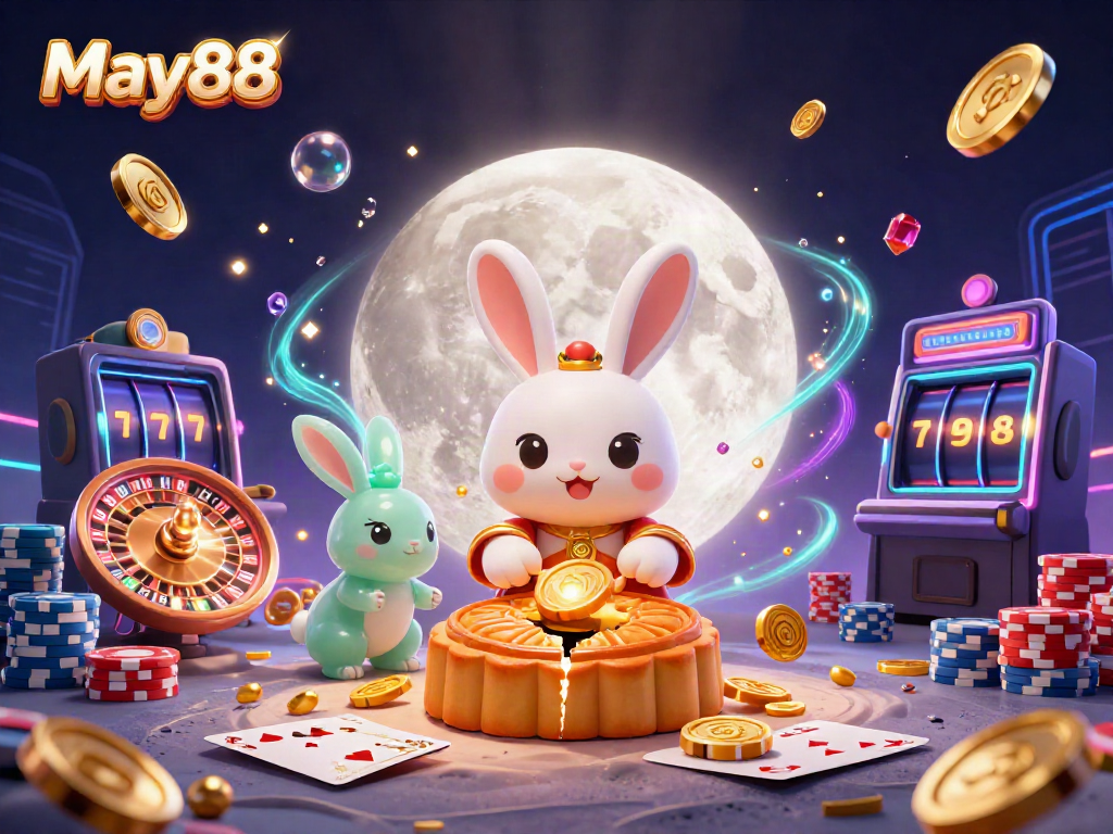 Experience thrilling wins with May88's vibrant casino scene featuring lucky charms and gaming elements.