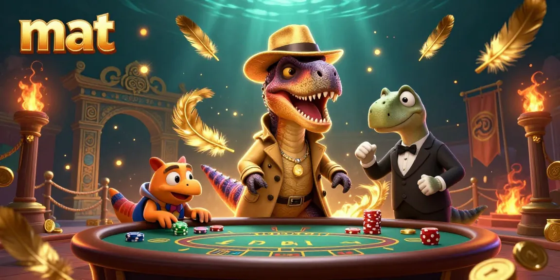Dynamic gambling scene with a velociraptor counting cards at a blackjack table, capturing the essence of mat.