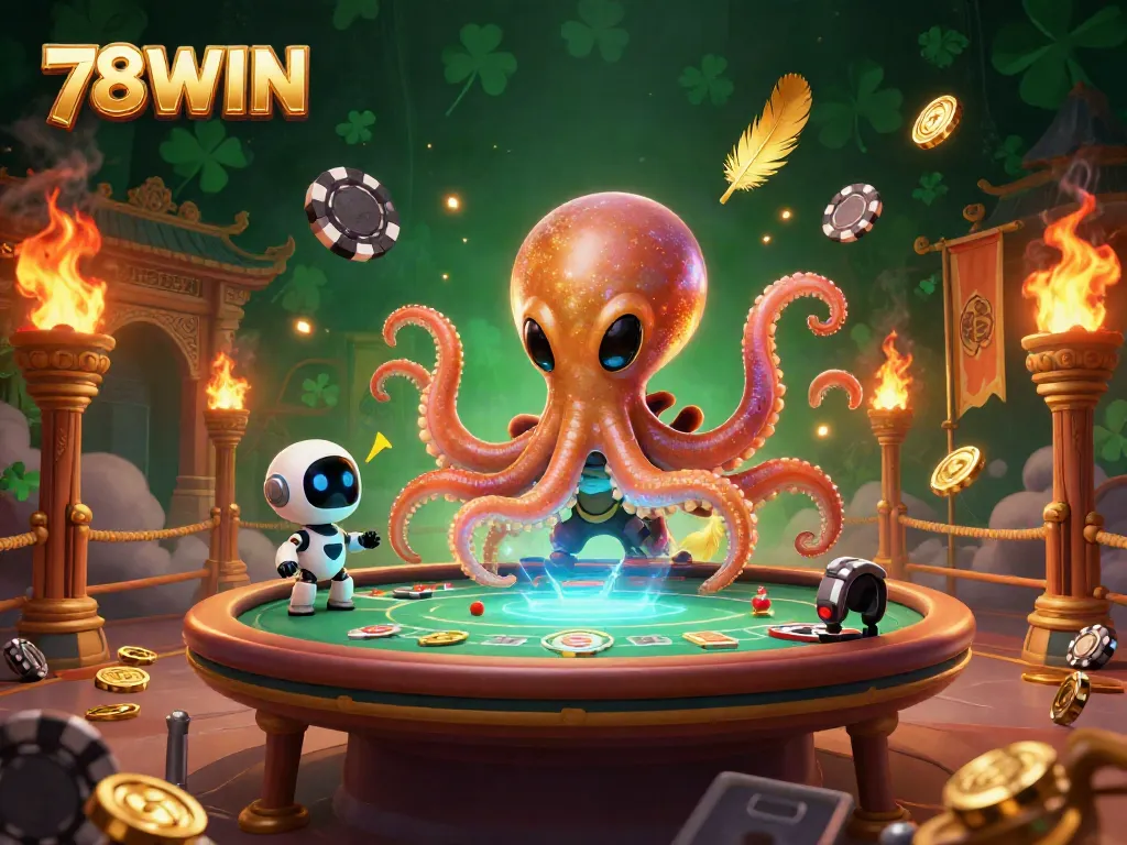 Experience the thrill of poker with 78WIN as a cosmic octopus and robot create a vibrant gaming scene.