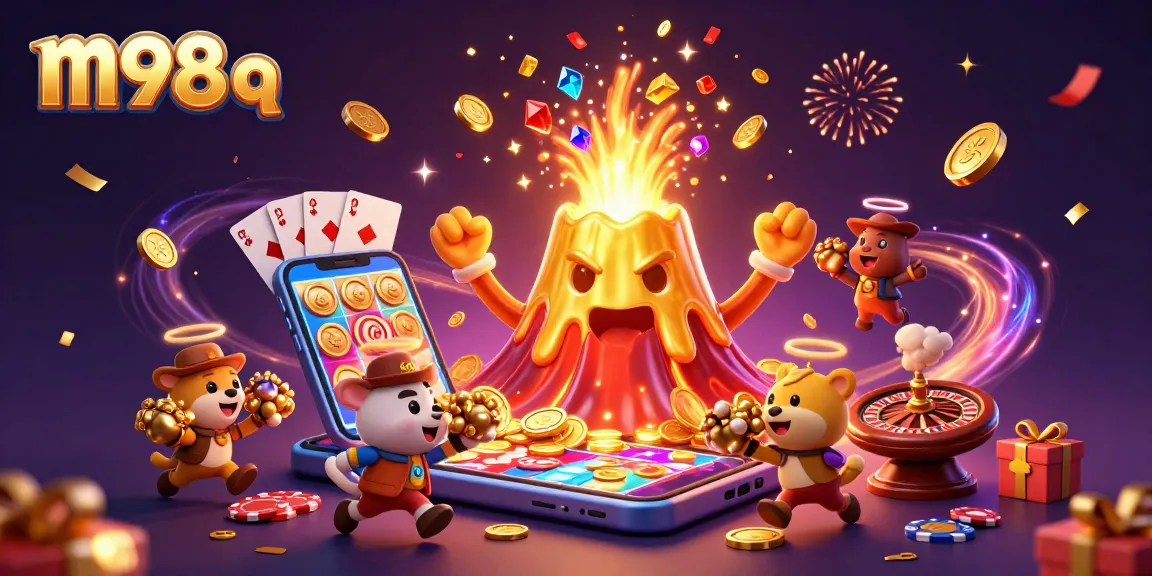 Engage in thrilling gameplay with m98 q as the volcano erupts treasures in a vibrant casino scene.