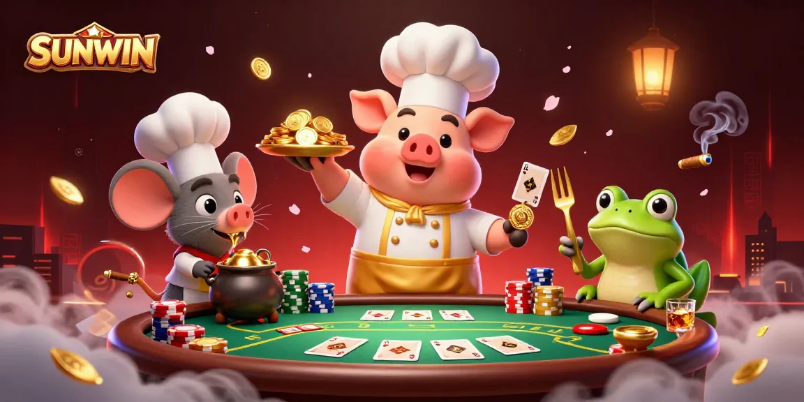 Engage in winning strategies at SUNWIN casino with golden coins, poker tables, and energetic chefs.