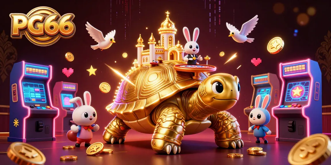 Experience PG66 with a captivating 3D casino illustration showcasing a golden tortoise, vibrant games, and exciting action.