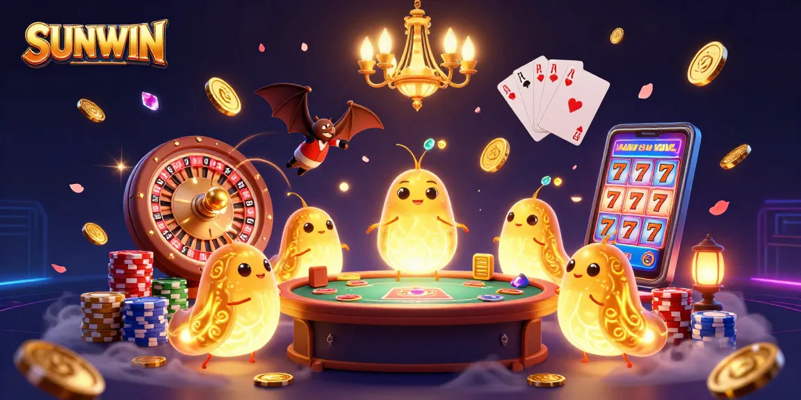 SUNWIN glowworms illuminate a dynamic casino scene with vibrant lights and game elements.