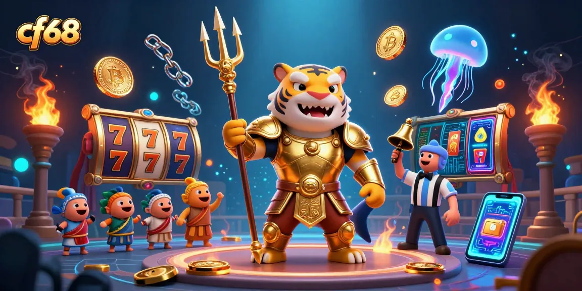 Engage with the vibrant cf68 underwater casino scene featuring a golden shark and dynamic slot elements.