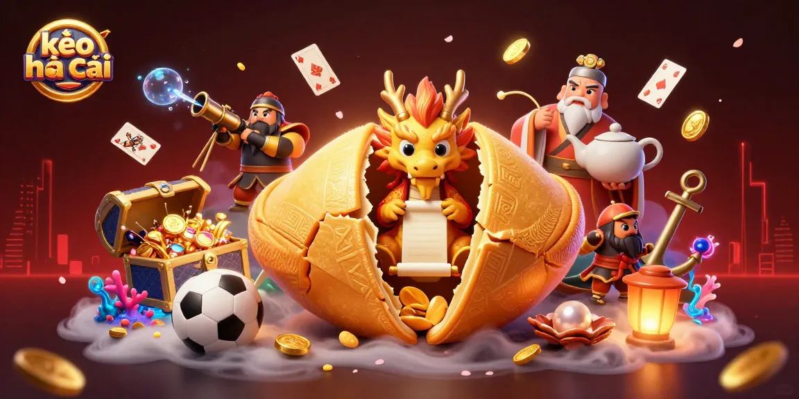 Engage with kèo nhà cái through this vibrant 3D artwork featuring a golden fortune cookie and dragon.