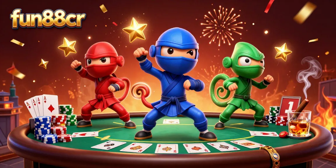 Experience thrilling gameplay with fun88cr's vibrant 3D ninja chameleons at the poker table.