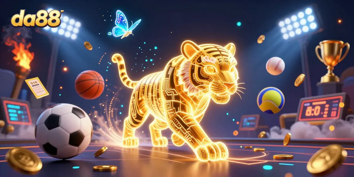 Engage with da88 as the golden tiger and holographic butterflies animate a vibrant digital casino.