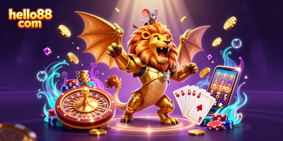 Experience thrilling gameplay at hello88 com with our dynamic 3D casino illustration featuring a roaring chimera and gaming icons.