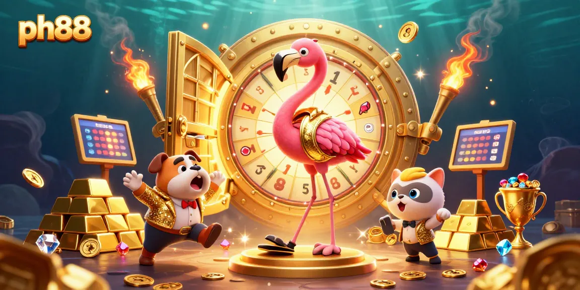 Engaging scene of ph88 with a game show host and contestant celebrating, surrounded by casino treasures.