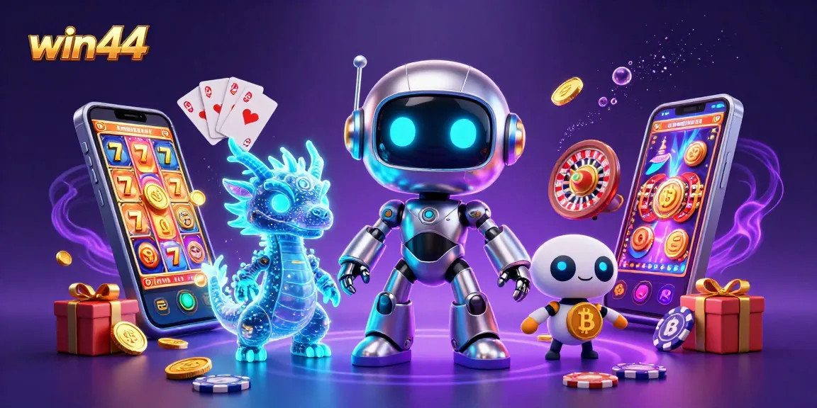 Join the excitement with win44's vibrant gaming scene featuring a cyberpunk mascot!