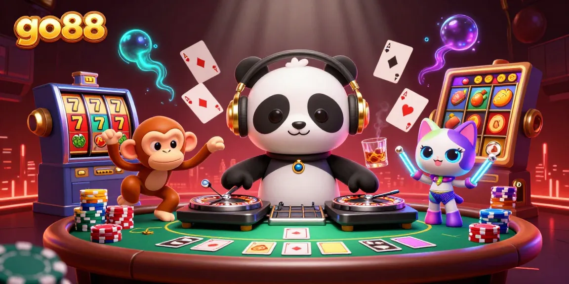 Win big with go88 in this vibrant casino-themed illustration featuring lively characters.