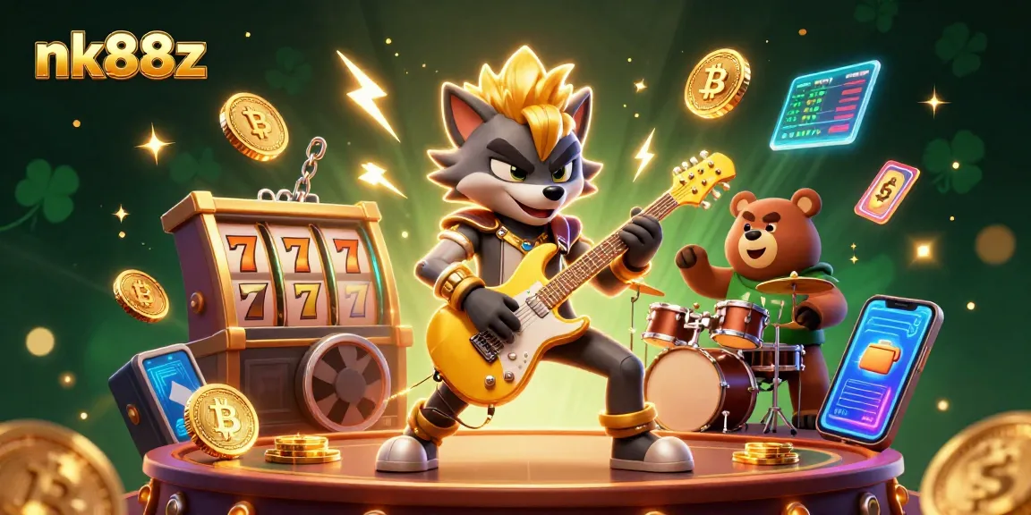 Experience the thrill of nk88z with cartoon characters rocking a vibrant casino stage, surrounded by crypto coins and slot reels.