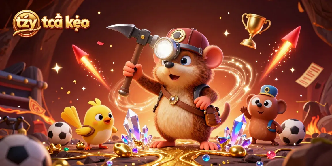 Engage with tỷ lệ kèo through a vibrant scene featuring a treasure hunter mole and sports betting elements.