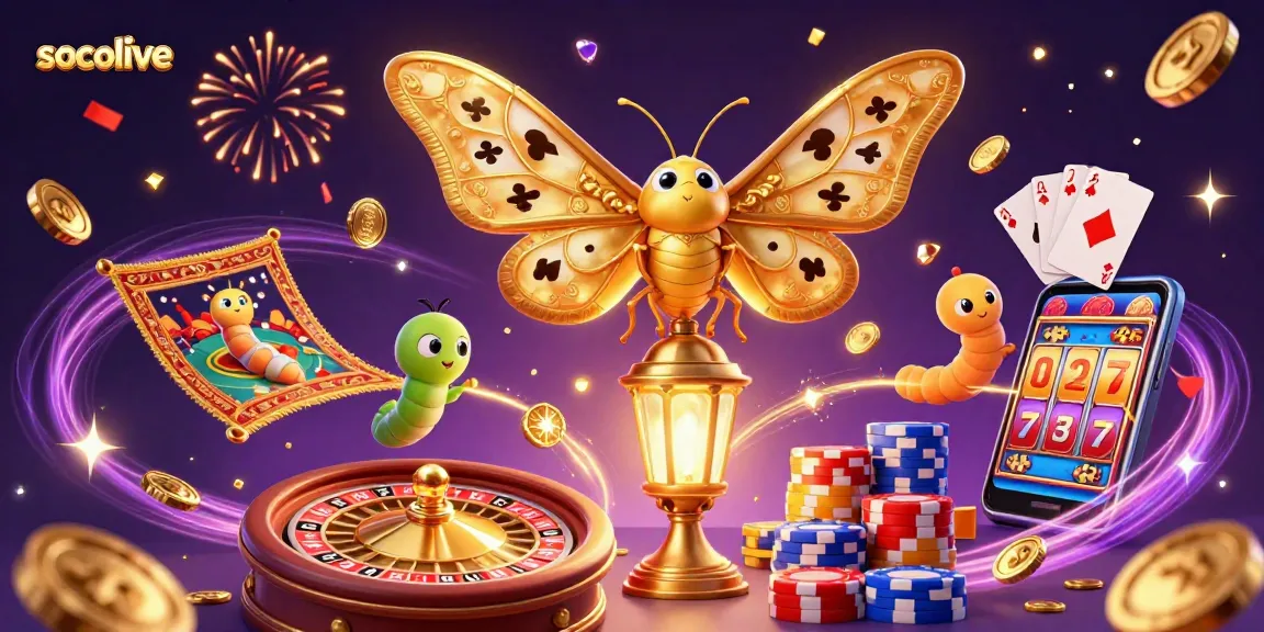 Socolive showcases thrilling wins with 3D illustrated golden moth, casino symbols, and rich visuals.