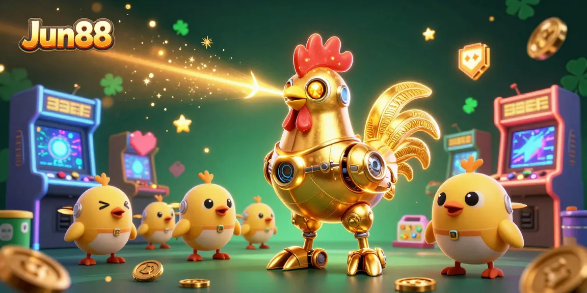 Experience thrilling gameplay with Jun88 featuring a golden rooster robot in a vibrant casino game scene.