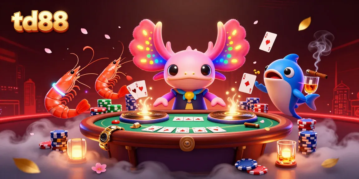 Engage with thrilling games at td88, featuring vibrant axolotl DJ and lively shrimp dancers in a casino scene.