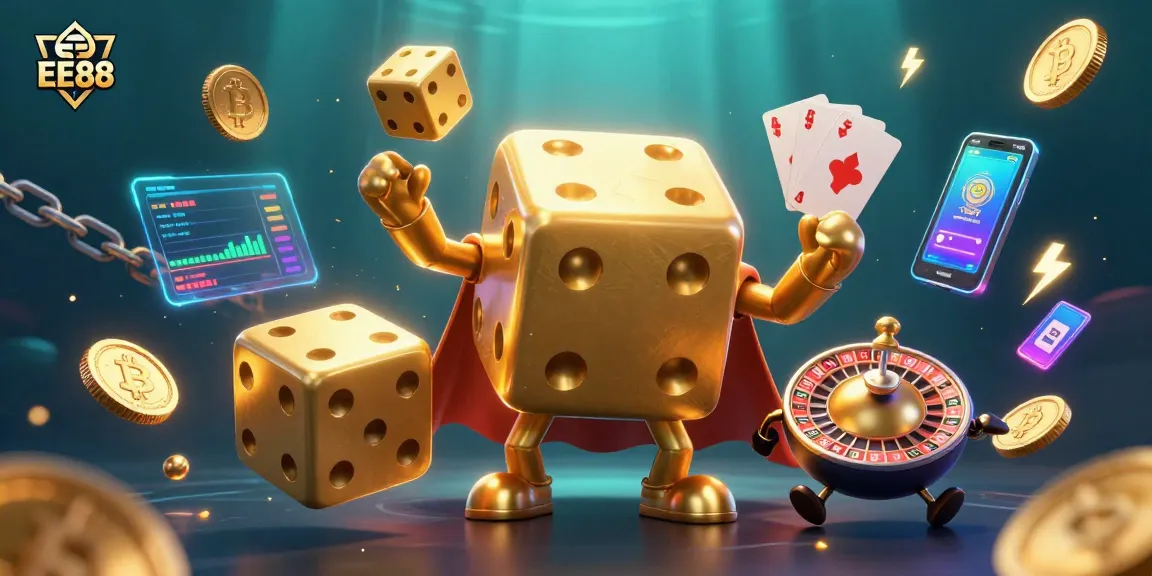 Experience the thrill of EE88’s massive golden dice golem juggling dice in an energetic casino scene.