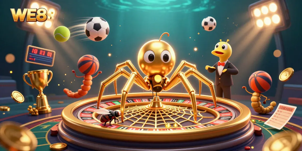 Engage with the excitement of WE88 as golden webs and sports elements create a thrilling gambling scene.