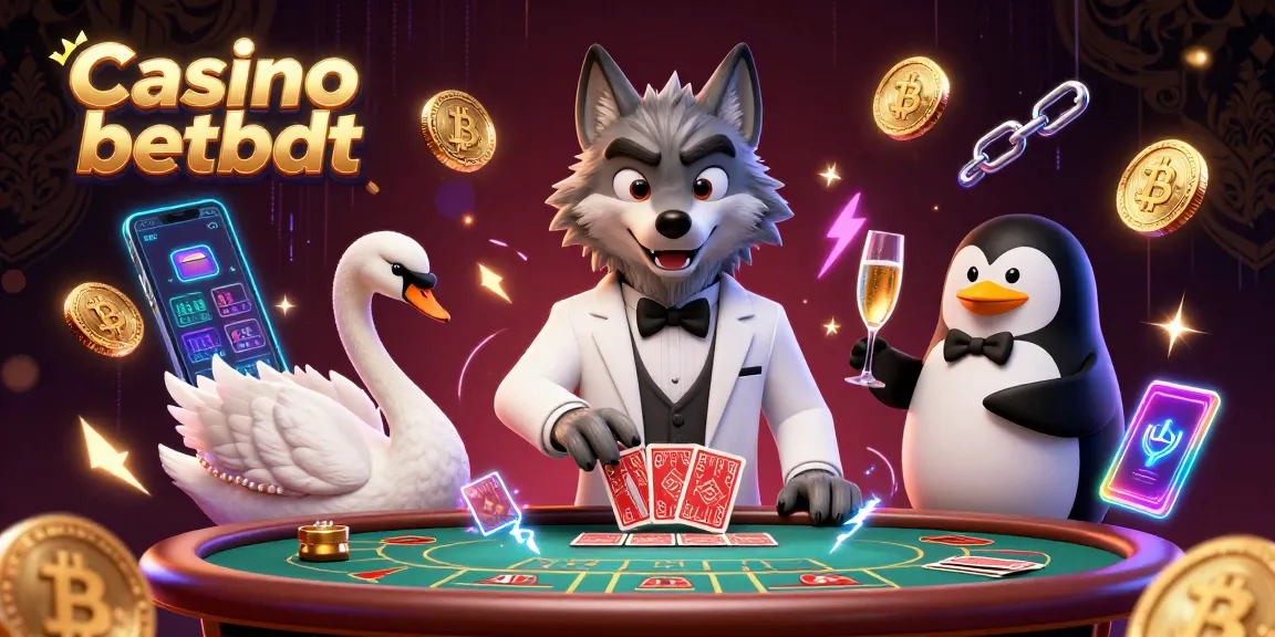 Cleverly designed Casino betbdt illustration featuring a debonair wolf, elegant swan, and penguin sommelier in a lively scene.
