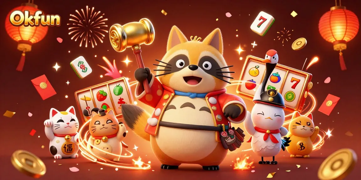 Spin the reels with Okfun's cheerful tanuki and lucky symbols in a festive casino scene.