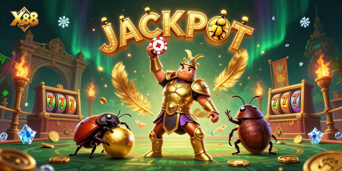 Celebrate with XN88 as the victorious hercules beetle lifts a poker chip amidst golden casino elements.