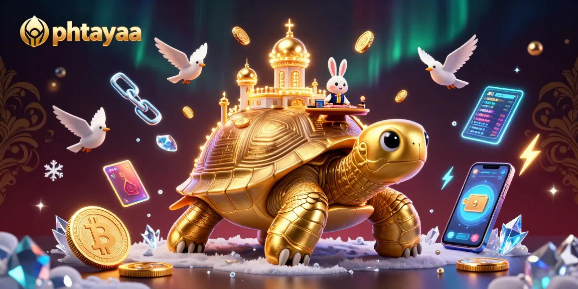 Engage with phtayaa's vibrant casino scene featuring a golden tortoise and a rabbit dealer.