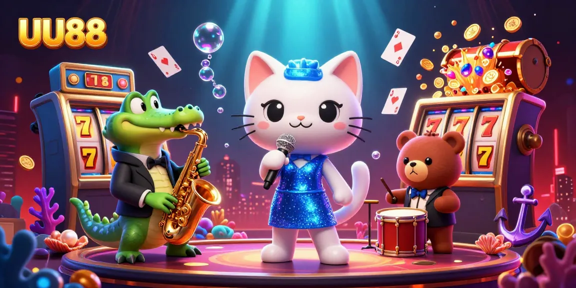 Experience the excitement of UU88 with vibrant characters and casino elements in this lively 3D illustration.