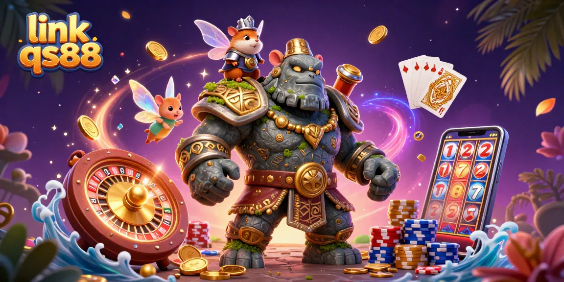 Engage with vibrant gaming action at link qs88, showcasing a dynamic 3D casino scene with characters and gambling elements.
