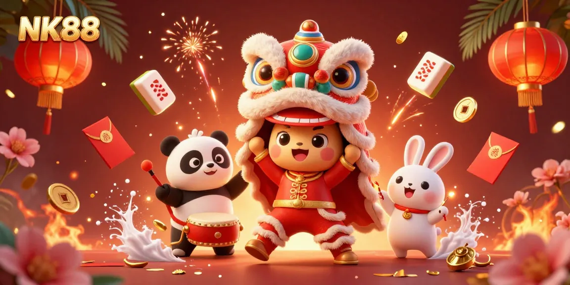 Engage in casino gaming magic with NK88, featuring a vibrant lion dance and exciting game elements.