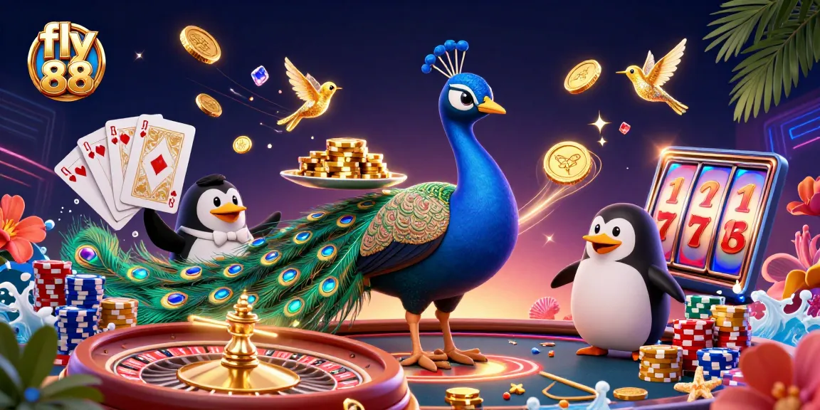Experience the excitement of fly 88 with a vibrant casino scene featuring dynamic characters and sparkling elements.