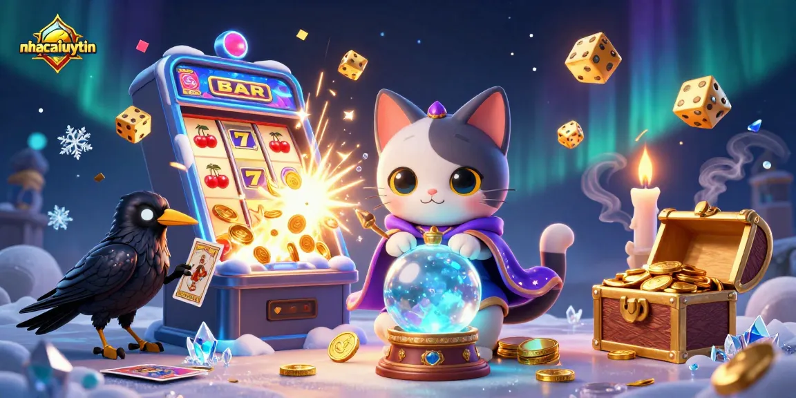 Experience thrilling jackpots at nhacaiuytin with animated fortune teller, raven, and vibrant casino decor.