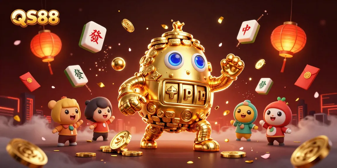 Experience excitement at QS88 with a 3D golden golem surrounded by stunning casino elements.