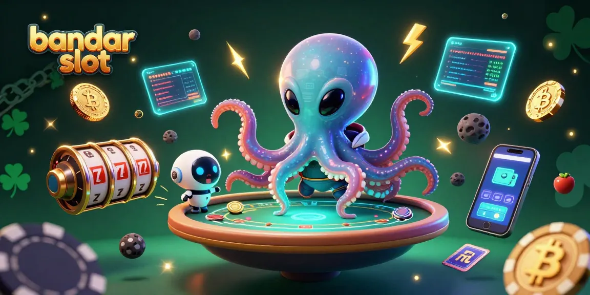 Engage with bandar slot excitement as an alien octopus plays poker with glowing crypto elements.