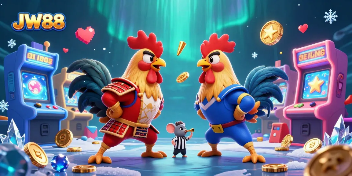 Engage in thrilling battles at JW88 with cartoon fighting roosters and casino game elements.