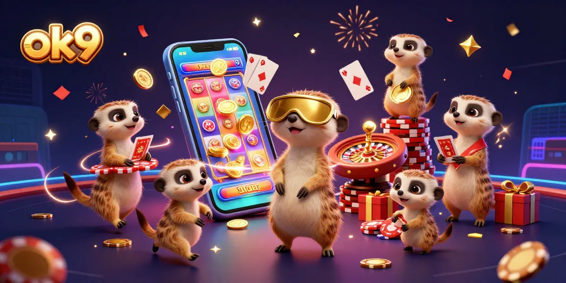 Experience thrilling gaming action at ok9 with lively meerkats managing a vibrant casino atmosphere.