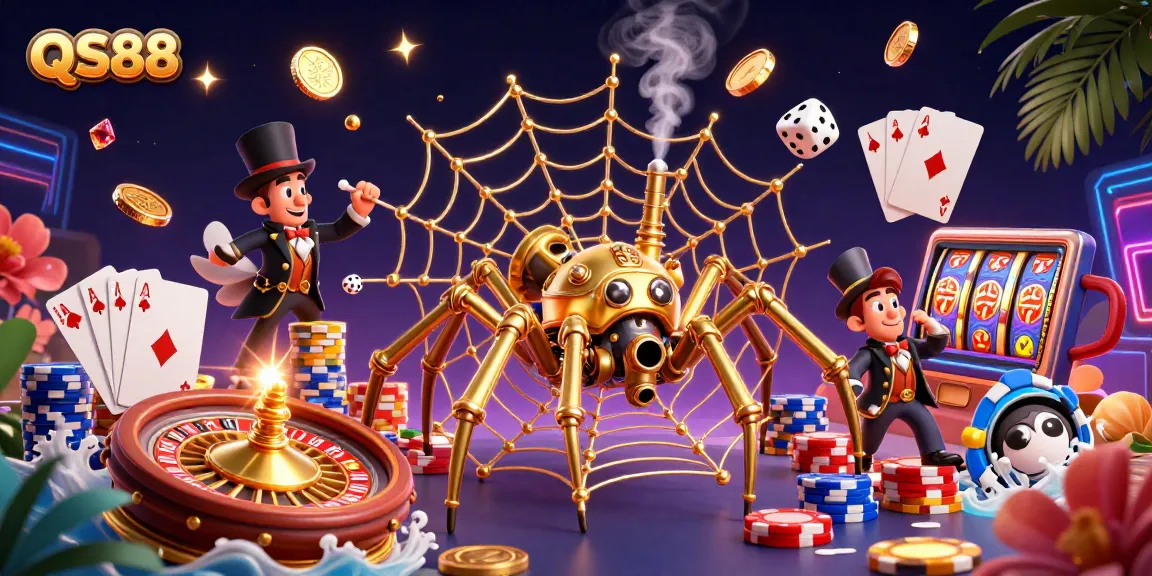 Spin to win in QS88 slot games featuring golden spider and dynamic casino elements.
