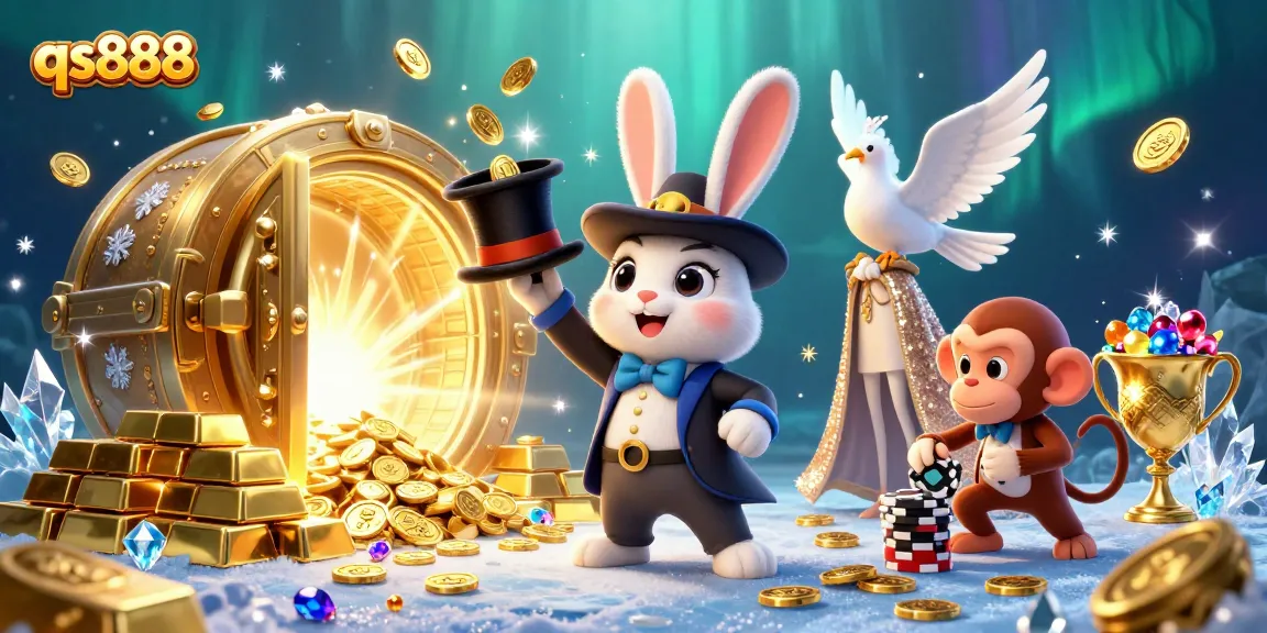 Engage in thrilling gameplay at qs888, featuring a vibrant scene of a magician, dove, and monkey amid sparkling treasures.