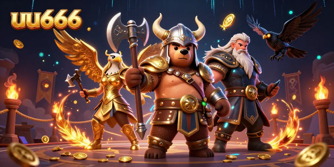 Experience thrilling games at uu666 with a captivating Viking battle scene and dynamic casino elements.