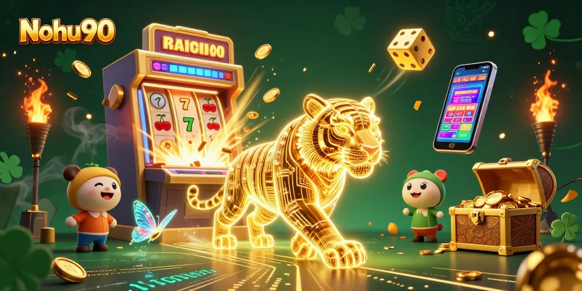 Nohu90 captivates players with a vibrant slot game explosion, showcasing a golden tiger in a digital casino.