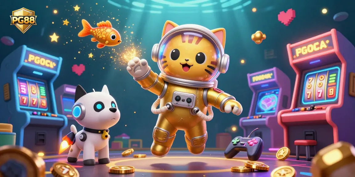 Engage with PG88's exciting gaming universe featuring a golden-suited astronaut cat, rocket dog, and cosmic fish in vibrant 3D.