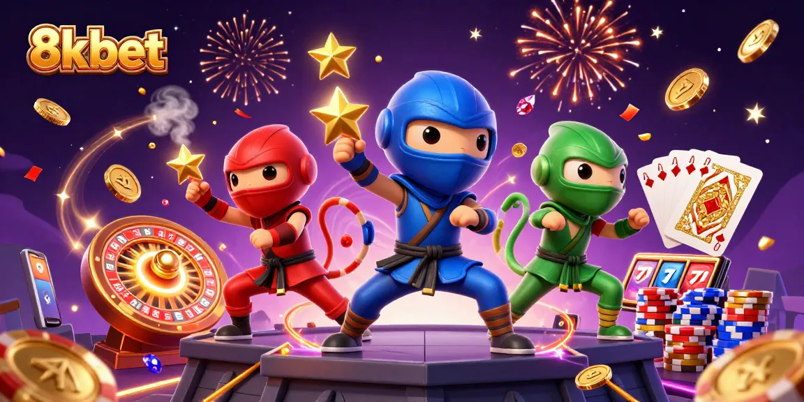 Experience thrilling 8kbet action with a ninja chameleon team amidst sparkling casino games and festive elements.