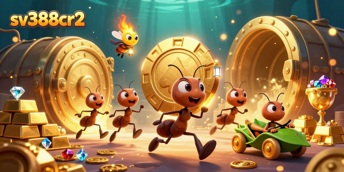 Watch a playful scene with ants transporting a giant poker chip at sv388cr2, filled with treasures and gambling elements