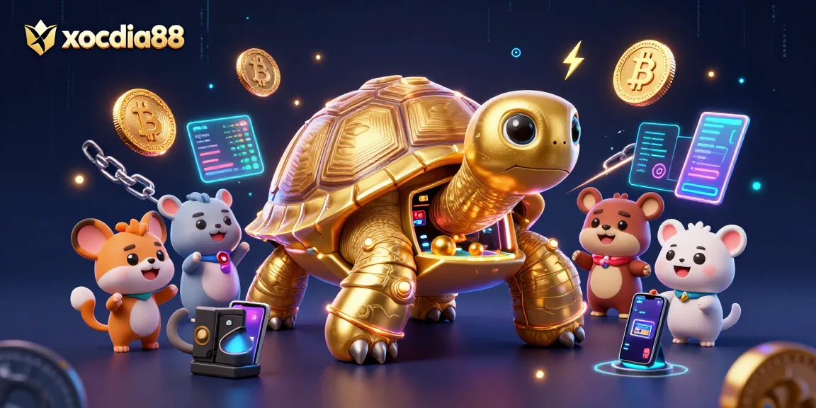 Xocdia88 shows a colossal golden tortoise pinball machine surrounded by excited animals and vibrant crypto elements.