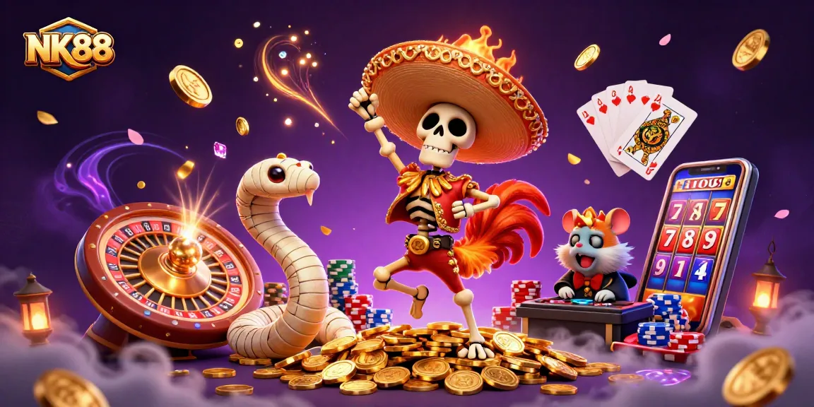Experience vibrant gaming action with NK88 as a skeleton mariachi rooster celebrates atop golden coins.