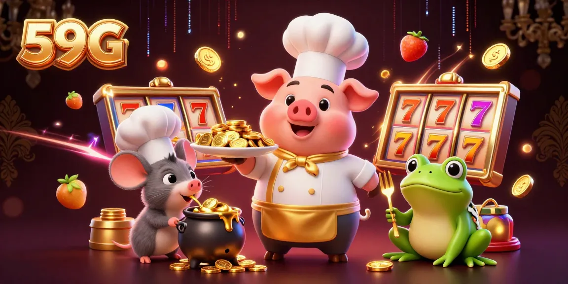 Experience thrilling slots at 59G, featuring vibrant illustrations of golden coins and casino characters.