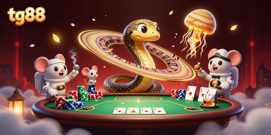 Experience tg88 with a dynamic poker scene featuring a cosmic dealer and playful astronaut mice.