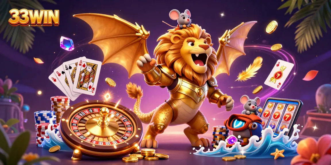 Experience the thrill of winning at 33WIN with a dynamic 3D casino-themed illustration featuring gold coins and vibrant gaming elements.