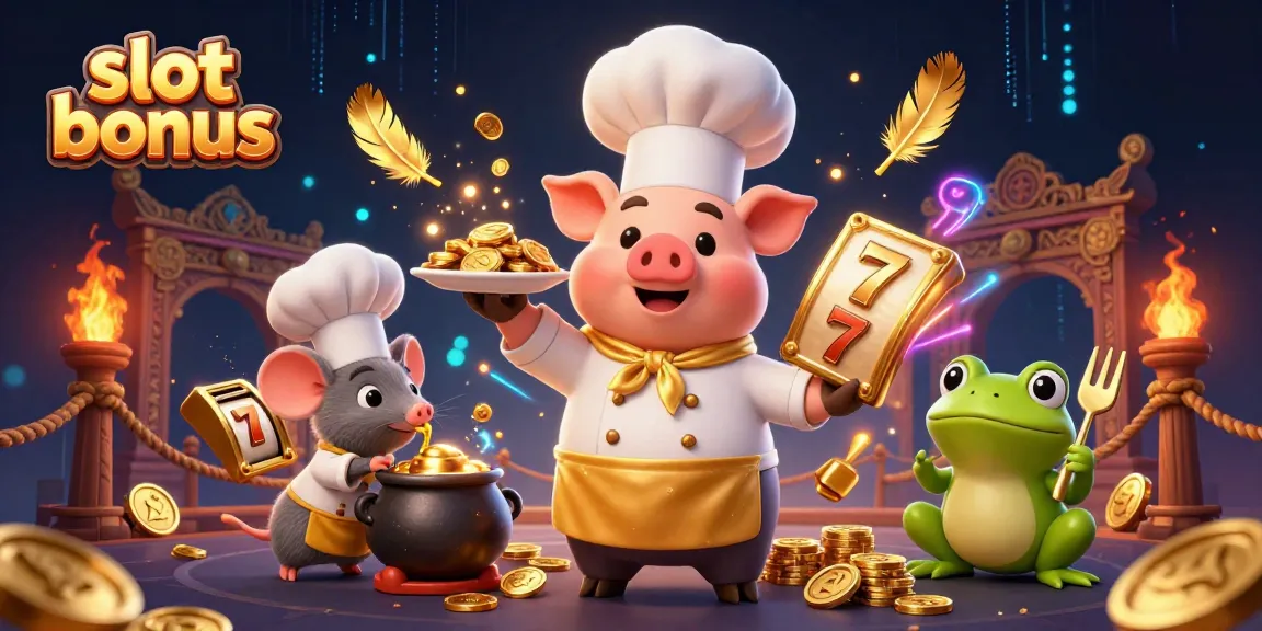Slot bonus yang menarik dengan karakter chef pig, mouse, dan frog dalam suasana kasino yang megah.