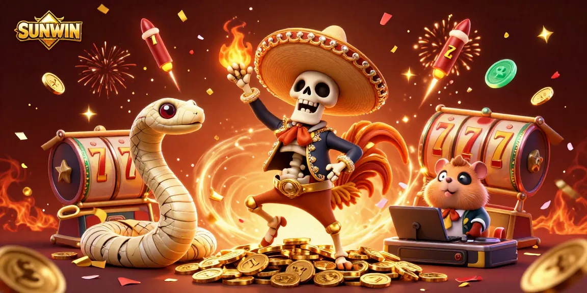 SUNWIN's vibrant gaming excitement illustrated as a dancing skeleton on gold coins, enriching the casino experience.
